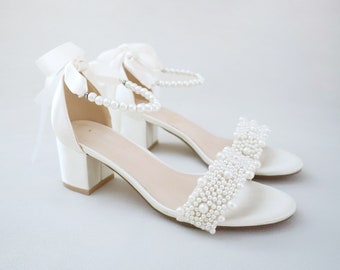 Ivory Satin Block Heel Sandals with Perla Applique, Flower Girls Shoes, Jr.Bridesmaid Shoes, Women Sandals, Wedding Shoes