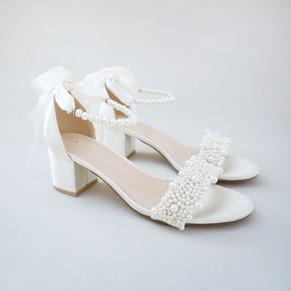 Ivory Satin Block Heel Sandals with Perla Applique and All Pearls Strap, Flower Girls Shoes, Jr.Bridesmaid Shoes, Women Sandals