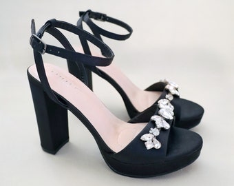 Black Satin Platform Block Heel Evening Sandals with Navette Rhinestones - Women Wedding Shoes, Bridal High Heel, Prom Satin Heels