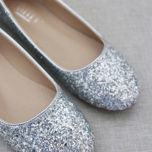 Silver Rock Glitter Flats With Back Satin Bow Bridal Shoes, Bridesmaids ...