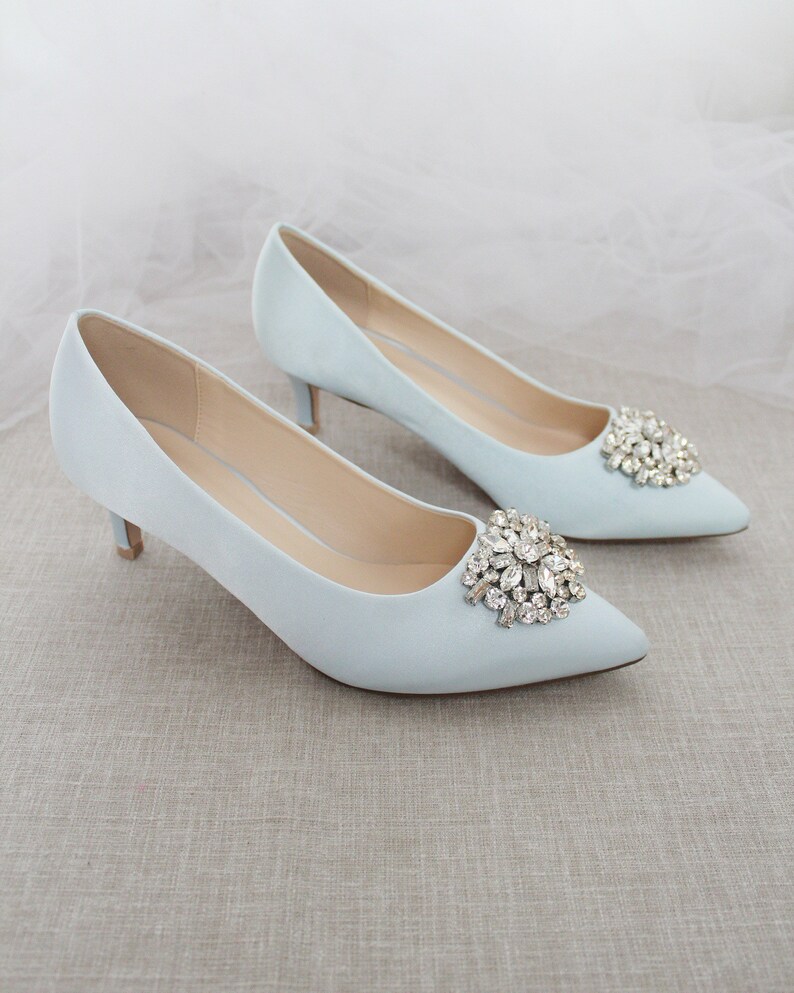 Light Blue Satin Pointy Toe Pump Low Heels with Oversized Brooch, Women Wedding Shoes, shops Bridesmaids Shoes