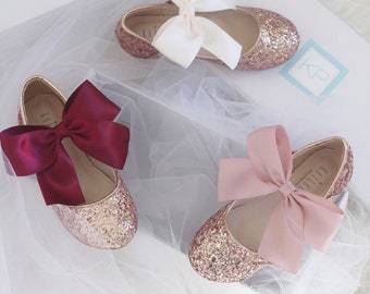 Rose Gold Rock glitter mary-jane with Satin Bow - Flower Girls Shoes, Girls Glitter Shoes, Rose Gold Wedding, Holiday Shoes