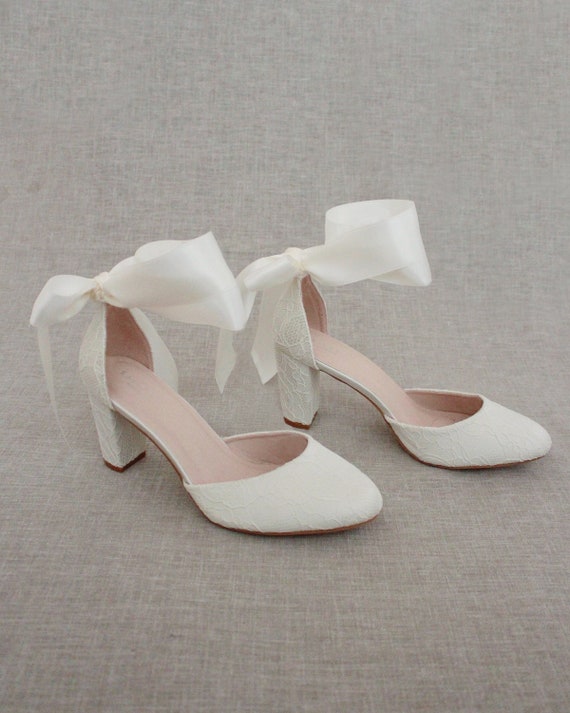 Ivory Lace Block Heel With WRAPPED SATIN TIE Women Wedding Shoes Bridal Shoes Bridal Heels Bride Heels Etsy Canada