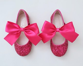 Fuchsia Rock Glitter Maryjane Flats with Satin Bow, For Flower Girls, Party Shoes, Holiday Shoes, Birthday Shoes