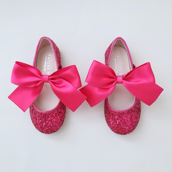 Fuchsia Rock Glitter Maryjane Flats with Satin Bow, For Flower Girls, Party Shoes, Holiday Shoes, Birthday Shoes