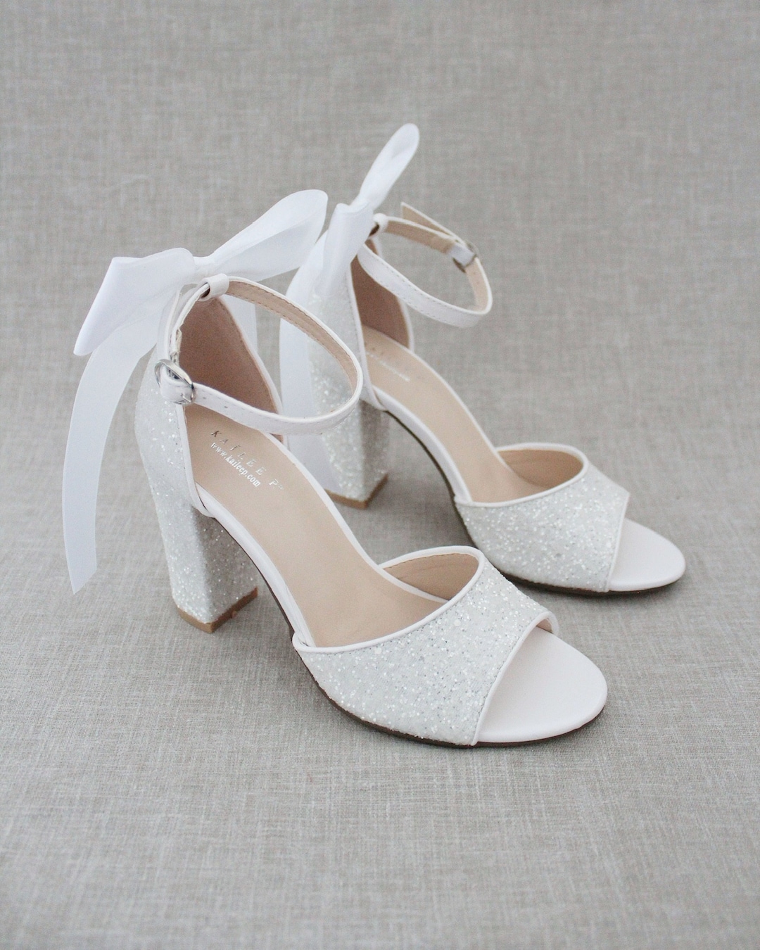 White Rock Glitter Block Heel Sandals With SATIN BACK BOW Women Wedding ...