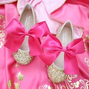 Gold Rock Glitter with Fuchsia Satin Bow, Girls Costume Shoes, Halloween Costume Shoes, Girls Shoes, Birthday Shoes