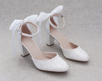 White Rock Glitter Block Heel with Back Satin Bow, Women Wedding Shoes, Bridal Shoes, Holiday Shoes, Glitter Shoes, Girls Heels