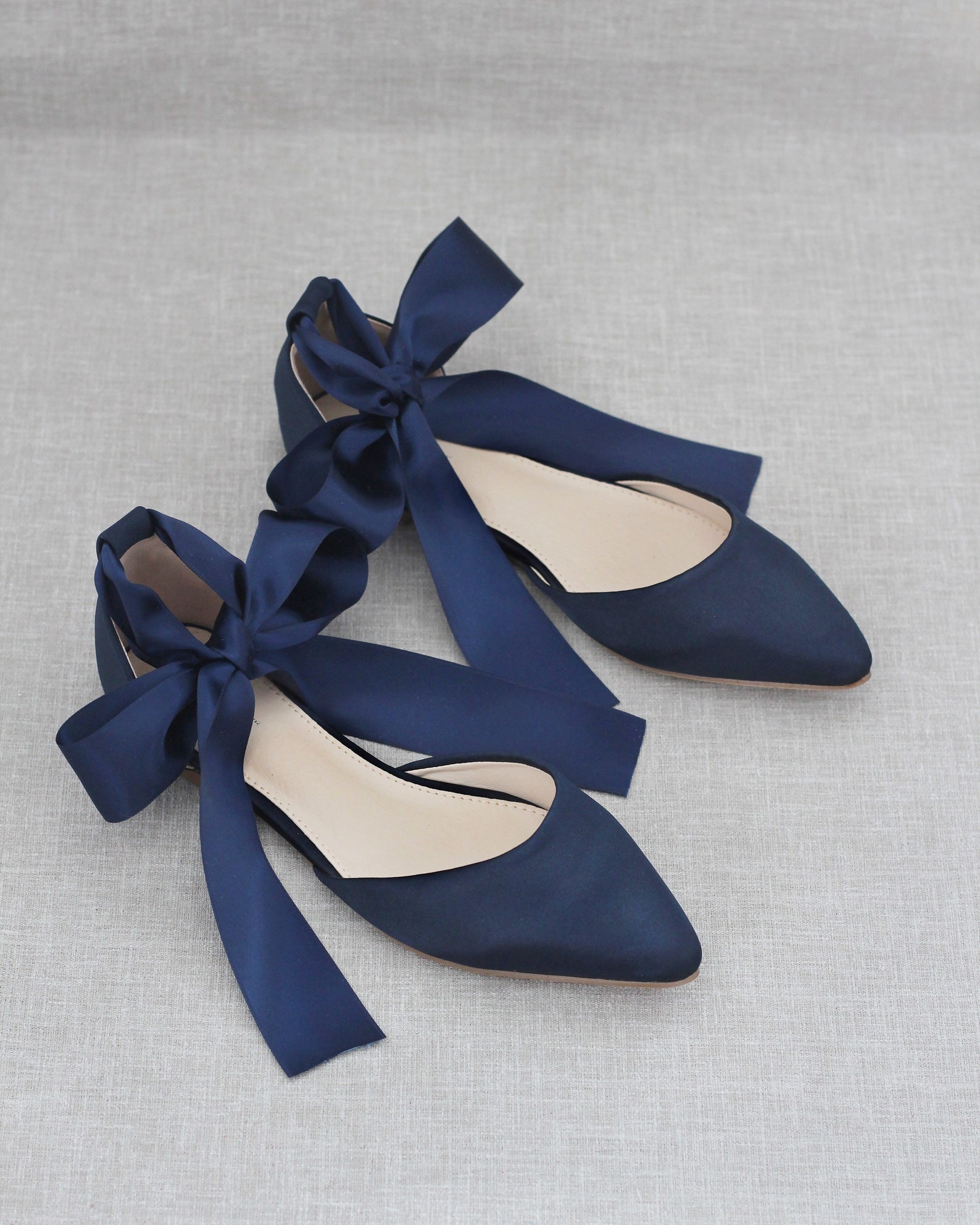 Navy Blue Satin Pointy Toe Flats With Satin ANKLE TIE or - Etsy