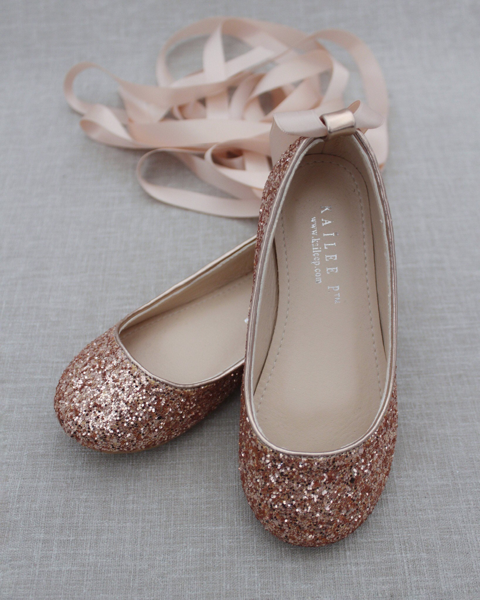 ROSE GOLD rock glitter ballet flats with Satin Ankle Tie or | Etsy