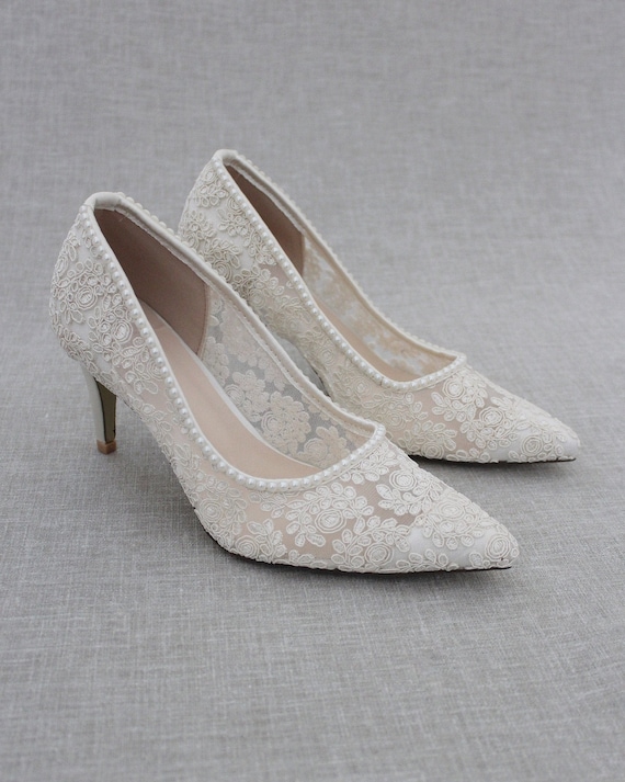 Ivory Crochet Pointy Toe PUMPS With MINI PEARLS, Women Wedding
