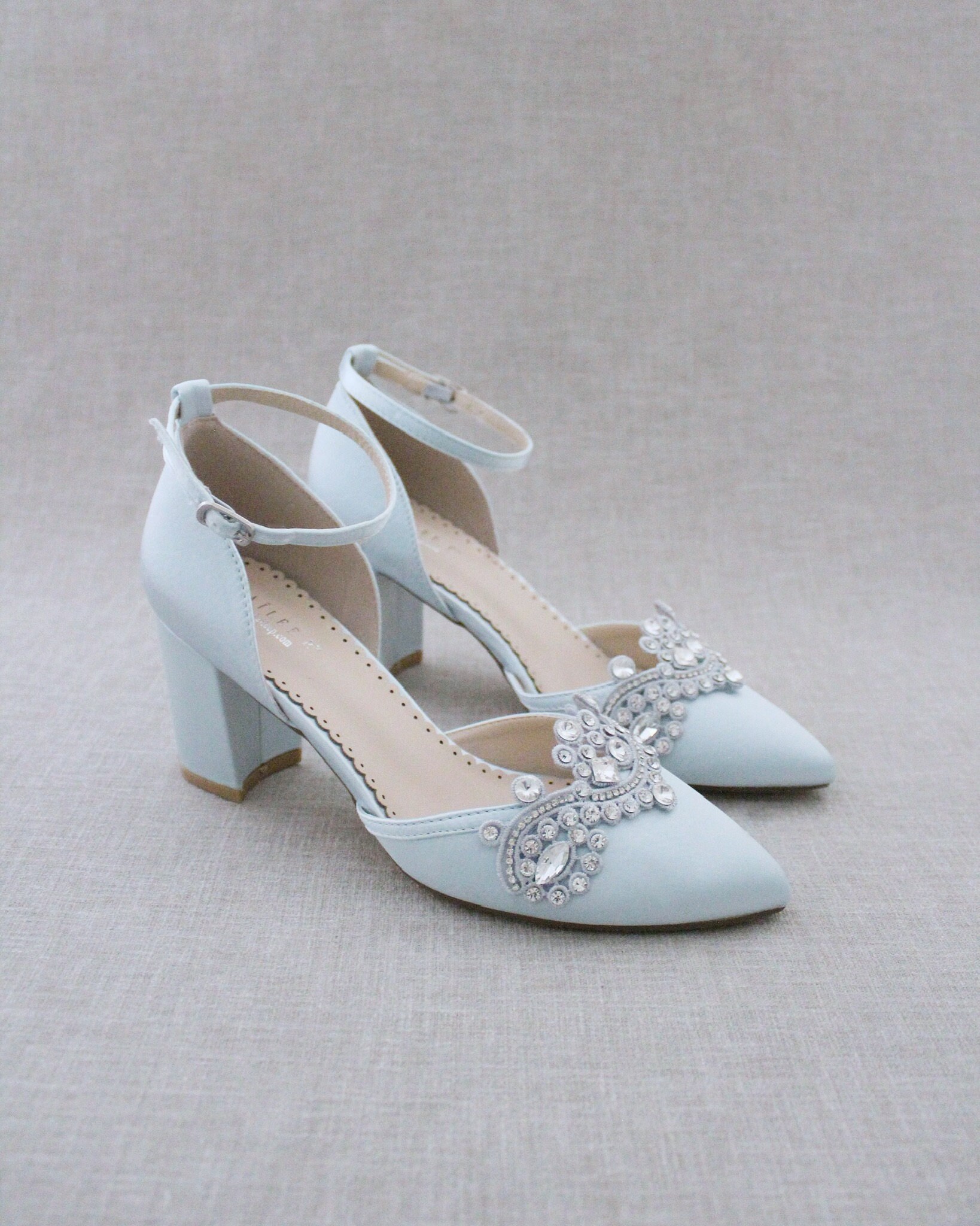Light Blue Satin Block Heel With Rhinestones Applique - Women Wedding ...