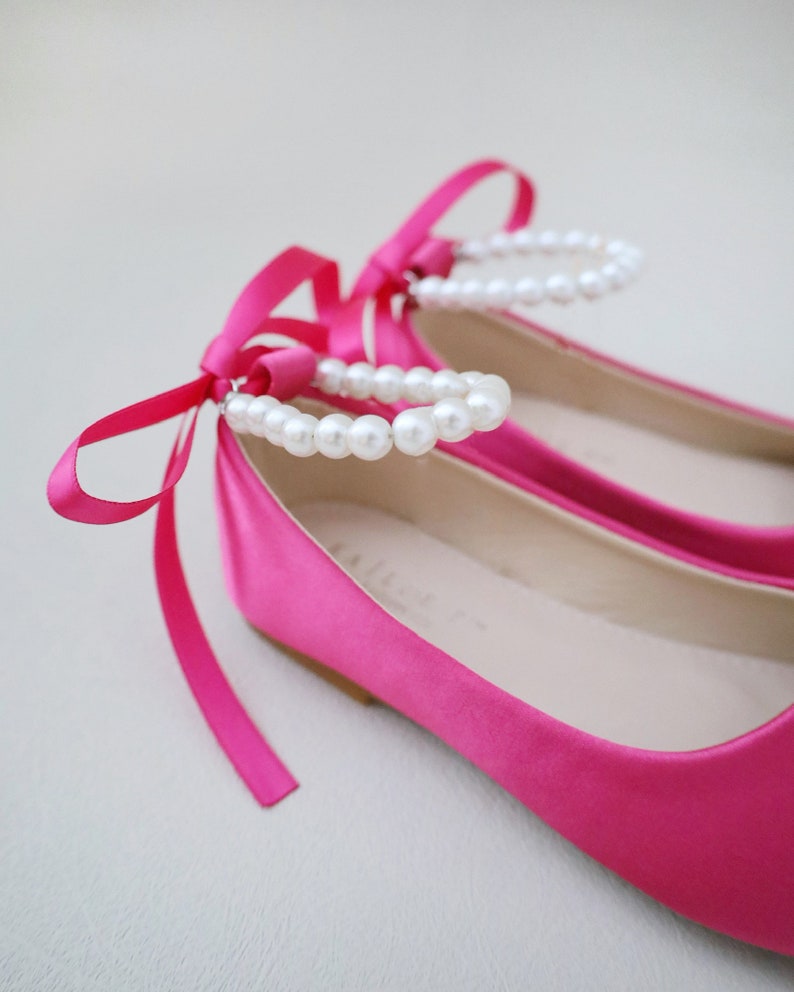 Fuchsia Satin Flats with Pearls Ankle Strap Fall flower girls shoes, Holiday Shoes, Birthday Shoes, Valentine's Shoes image 4