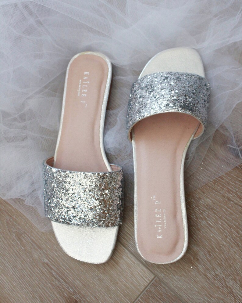 SILVER ROCK GLITTER Flat Sandals Women Wedding Flat Sandals Bride Sandals Bridesmaids Sandals