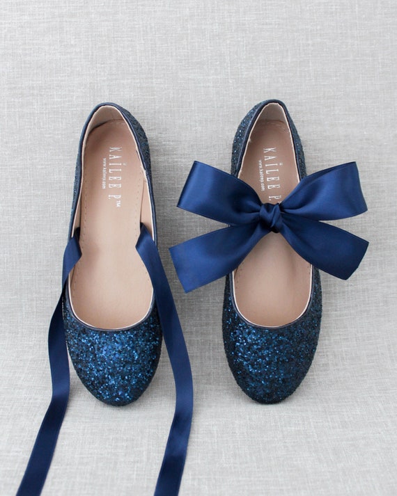 Navy Blue Rock Glitter Flats With Satin Tie or Ballerina Lace | Etsy