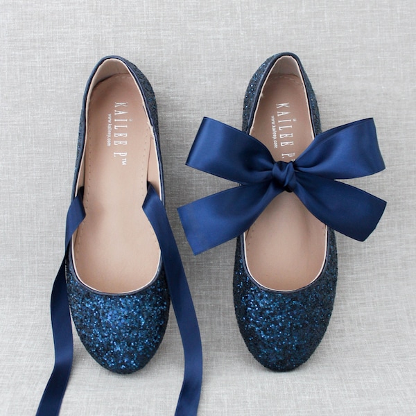 Navy Blue Rock Glitter flats with Satin Tie or Ballerina Lace Up, Blue Wedding Shoes, Bridal Shoes, Bridesmaids Shoes, Holiday Shoes