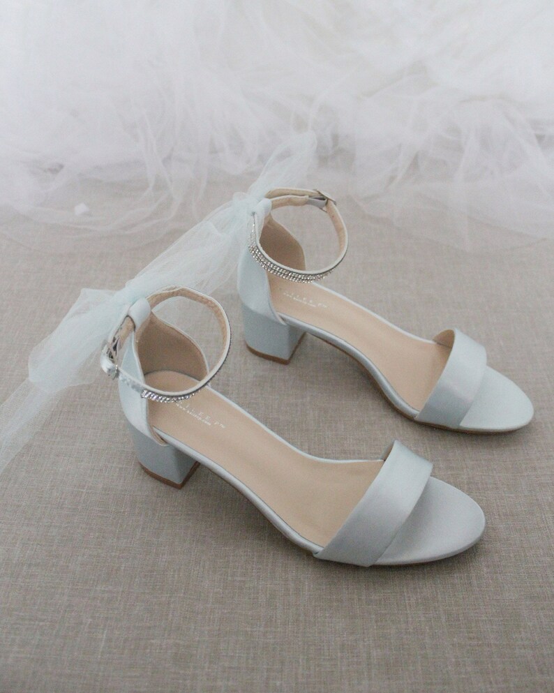 Light Blue Satin Block Heel Sandal With TULLE BACK BOW Bride | Etsy