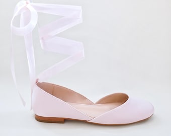 Dusty Pink Satin Round Toe Bridal Flat with Ballerina Lace Up - Bridal Shoes, Fall Wedding Shoes, Bridesmaids Shoes