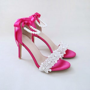 Fuchsia Satin High Heel Wedding Sandals with Perla Applique, Wedding Heels Sandals, Bridesmaids Shoes, Heels Sandals, Bridal Heels