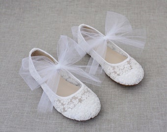 White Crochet Lace Maryjane Flats with TULLE BOW - flower girls shoes, baptism and christening shoes, communion shoes