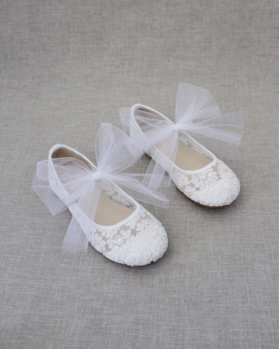 White Crochet Lace Maryjane Flats With TULLE BOW Flower - Etsy