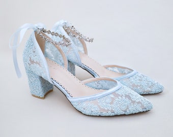 Light Blue Crochet Lace Almond Toe Block Heel with Amaryllis Crystal Strap - Wedding Shoes, Bridesmaids Shoes, Bridal Shoes, Something Blue