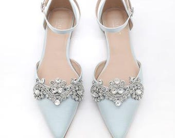 Light Blue Satin Pointy Toe Flats with Sparkly RHINESTONES APPLIQUE , Women Wedding Shoes, Bridal Shoes, Something Blue, Bridesmaids Shoes