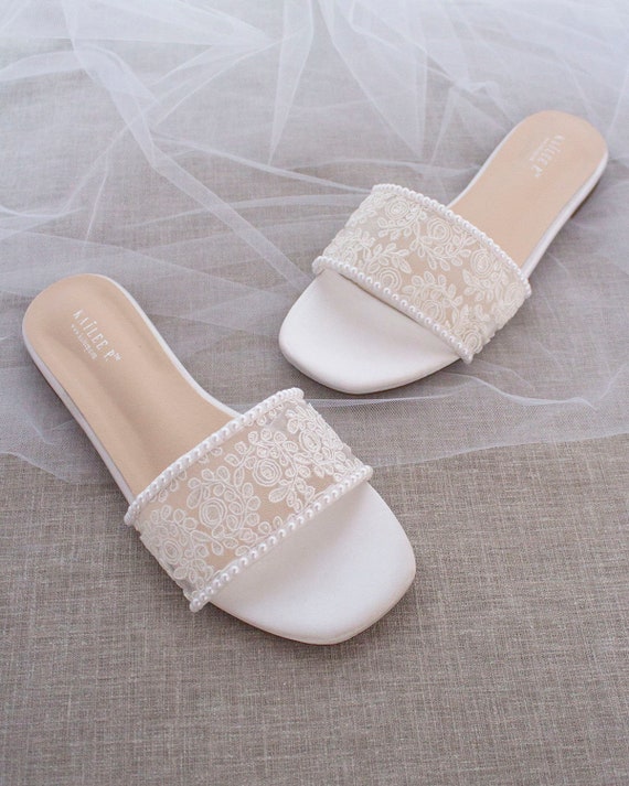 Witte gehaakte kanten slip op platte sandalen met MINI PARELS - Etsy België