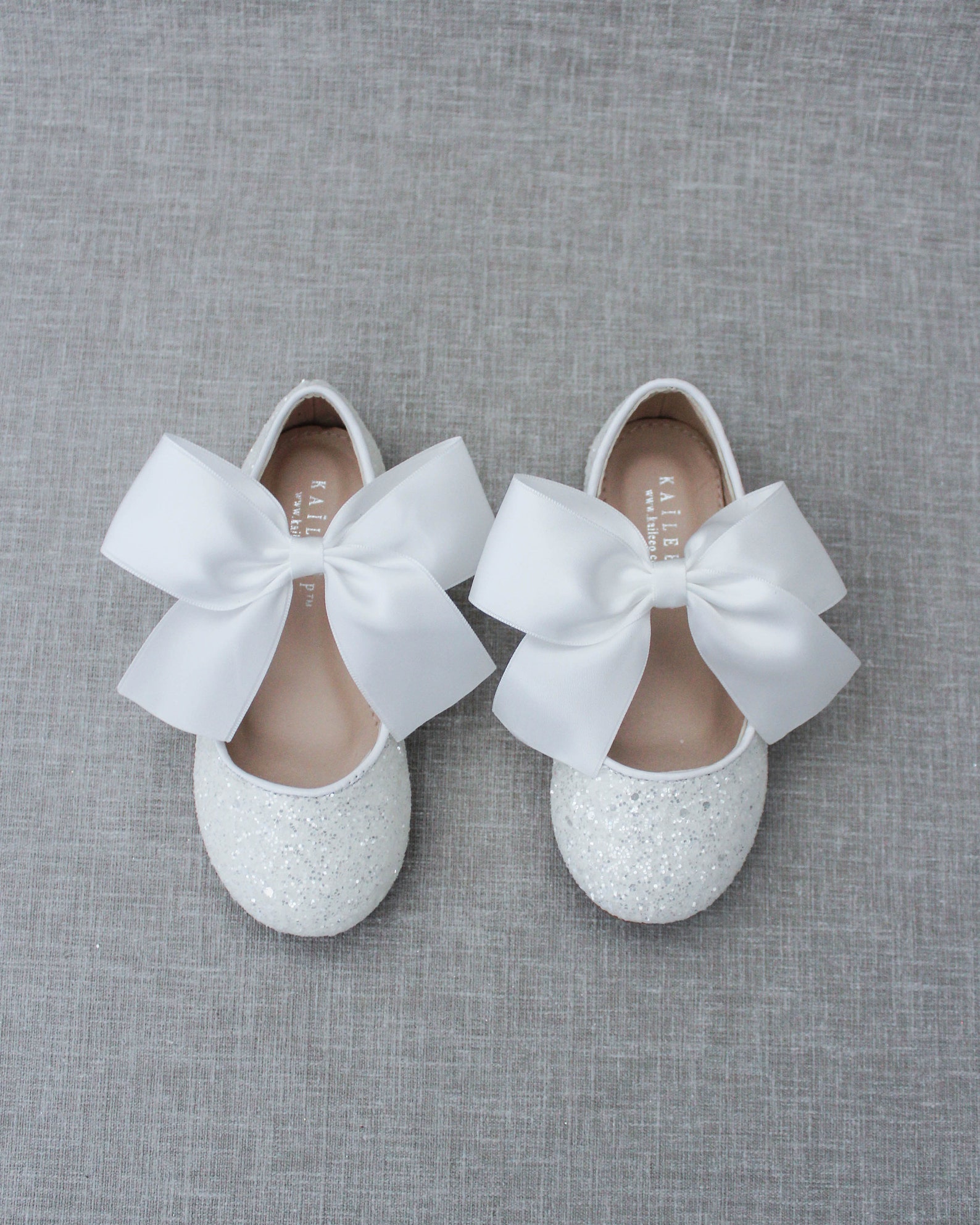 White Rock Glitter Maryjane Flats With WHITE SATIN Bow for | Etsy