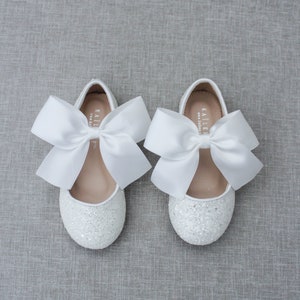 White Rock Glitter Maryjane Flats with WHITE SATIN bow - For Flower Girls, Baptism and Christening Shoes, Holiday Shoes