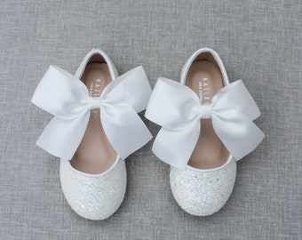 White Rock Glitter Maryjane Flats with WHITE SATIN bow - For Flower Girls, Baptism and Christening Shoes, Holiday Shoes