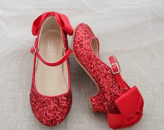 Red Rock Glitter mary-jane heels with SATIN BOW - Flower Girl shoes and Princess Shoes, Holiday Shoes, Red Shoes