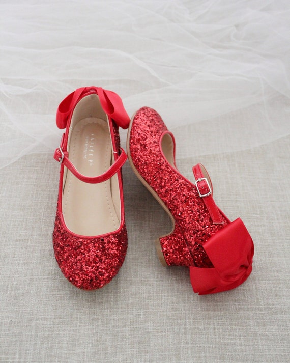 Red Rock Glitter Mary-jane Heels With SATIN BOW Flower Girl 