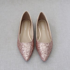 Rose Gold Rock Glitter Pointy Toe Flats with Oversized BLUSH SATIN BOW, Wedding Flats, Bridesmaid Shoes, Glitter Shoes, Holiday Shoes NO BOW