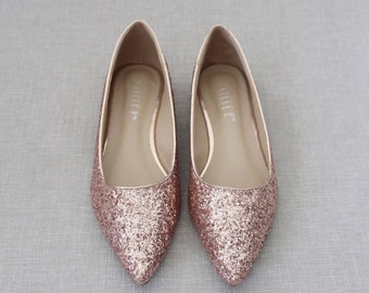 Rose Gold Rock Glitter Pointy Toe Flats With Oversized BLUSH SATIN BOW Wedding Flats Bridesmaid Shoes Glitter Shoes Holiday Shoes Etsy