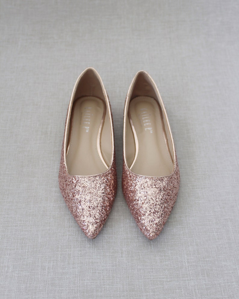 Rose Gold Rock Glitter Pointy Toe Flats with Oversized BLUSH SATIN BOW, Wedding Flats, Bridesmaid Shoes, Glitter Shoes, Holiday Shoes NO BOW