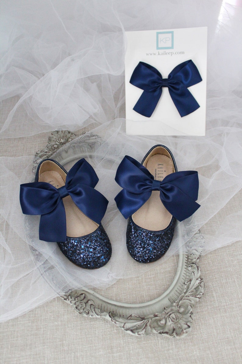 Navy Rock Glitter Mary Jane With NAVY SATIN BOW for Flower Girls ...