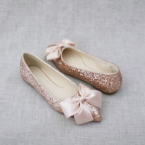 Rose Gold Rock Glitter Pointy Toe Flats with Oversized BLUSH SATIN BOW, Wedding Flats, Bridesmaid Shoes, Glitter Shoes, Holiday Shoes image 4