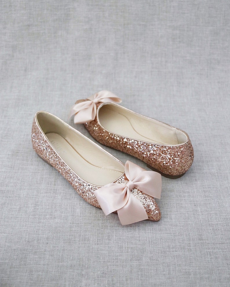 Rose Gold Rock Glitter Pointy Toe Flats with Oversized BLUSH SATIN BOW, Wedding Flats, Bridesmaid Shoes, Glitter Shoes, Holiday Shoes image 4