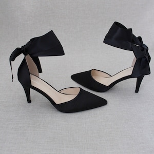 Black Satin Pointy Toe Heels with WRAPPED SATIN TIE, Fall Wedding Shoes, Bridesmaids Shoes, Black Evening Shoes, Holiday Shoes
