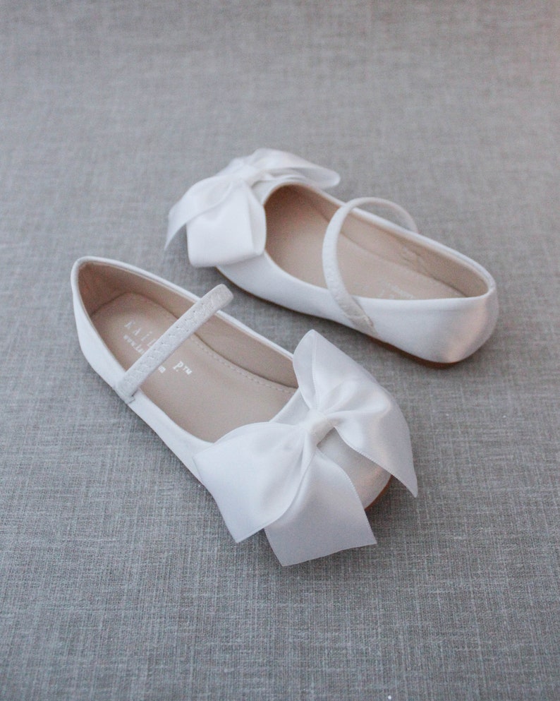 White Satin Mary Jane Flats With FRONT SATIN BOW - Flower Girls Shoes ...