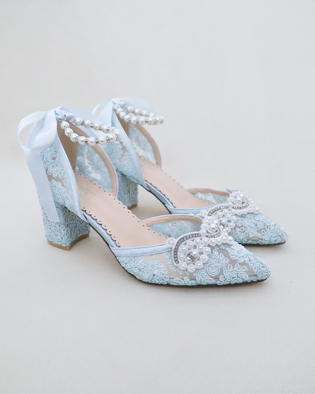 Light Blue Crochet Lace Almond Toe Block Heel With Small Pearls ...