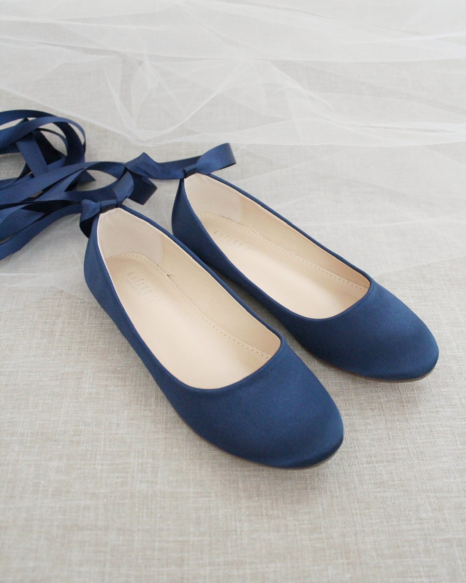 Women Shoes Navy Satin Flats With Satin Ankle Tie or - Etsy