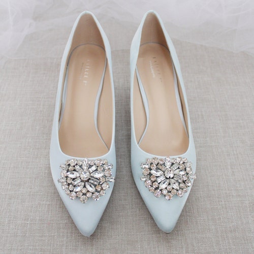 Light Blue Satin Pointy Toe Pump Low Heels with Oversized Brooch, Women Wedding Shoes, shops Bridesmaids Shoes