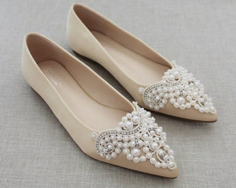 Champagne Satin Pointy Toe Flats with PEARLS APPLIQUE - Fall Wedding Shoes, Bridesmaid Shoes, Gold Satin Flats, Bridal Shoes