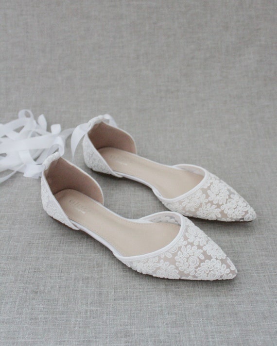 White Crochet Lace Pointy Toe Flats Women Wedding Shoes - Etsy