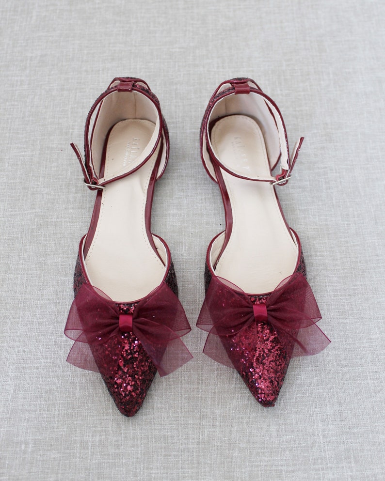 BURGUNDY Rock Glitter Pointy Toe Flats With Ankle Strap & - Etsy