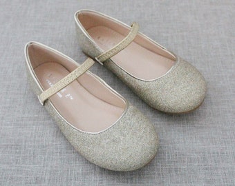 Soft Gold Glitter Maryjane Flats for Flower Girls Shoes, Girls Shoes, Holiday Shoes, Party Shoes, Fall Girls Shoes