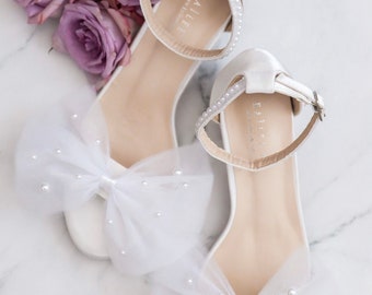 Ivory & White Satin Block Heel Sandal with Front Oversized TULLE BOW and Scattered Pearls, Women Sandals, Bridesmaid Shoes, Wedding Shoes