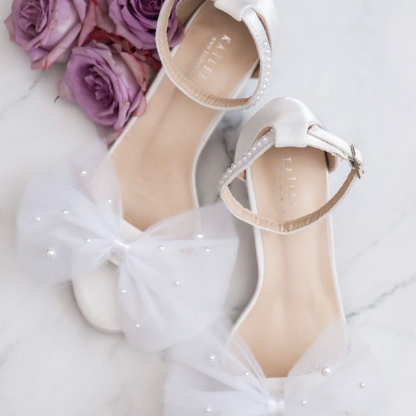 Ivory & White Satin Block Heel Sandal with Front Oversized TULLE BOW and Scattered Pearls, Women Sandals, Bridesmaid Shoes, Wedding Shoes